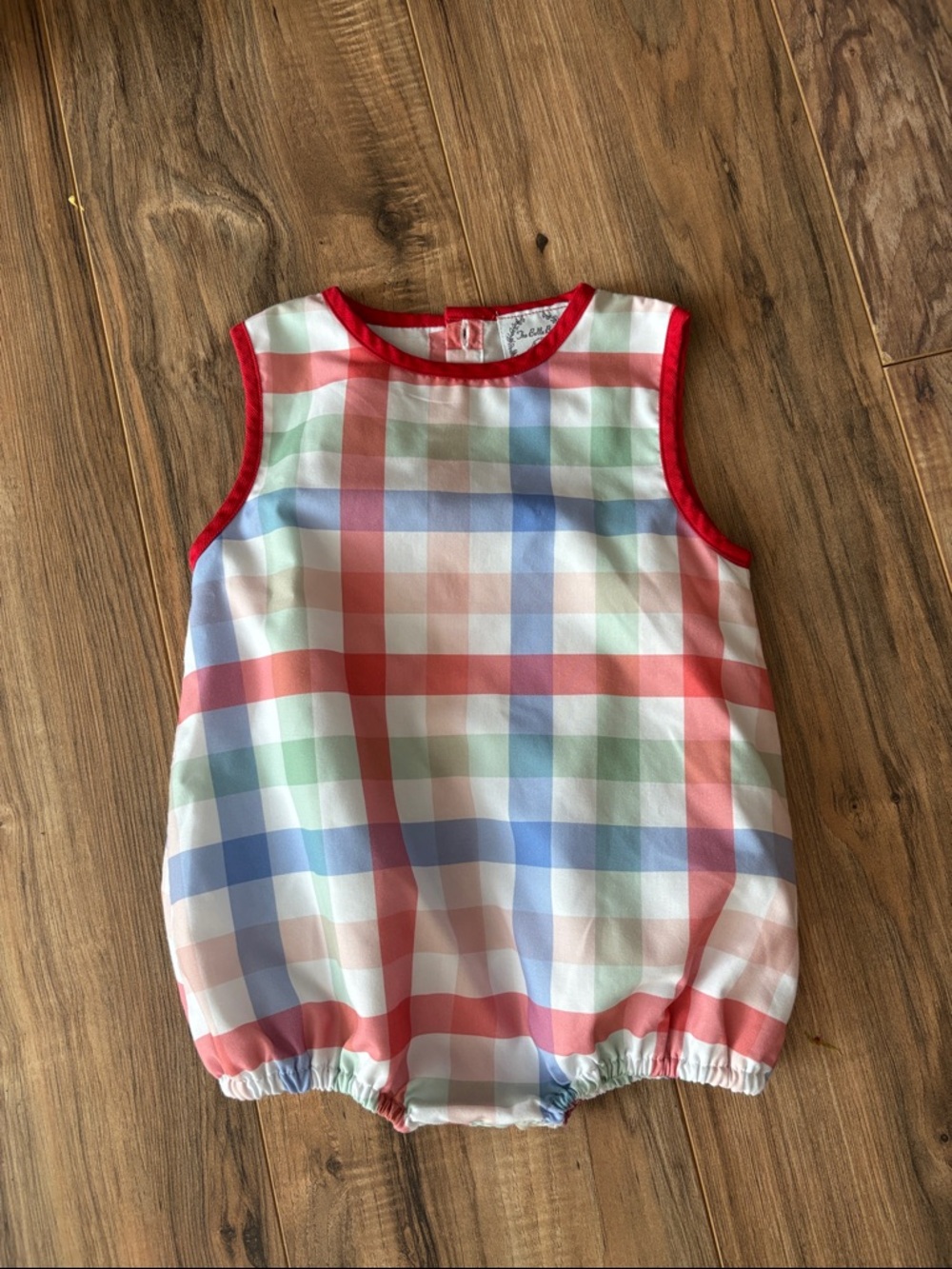 Baby Gingham Bubble Romper with Red Trim